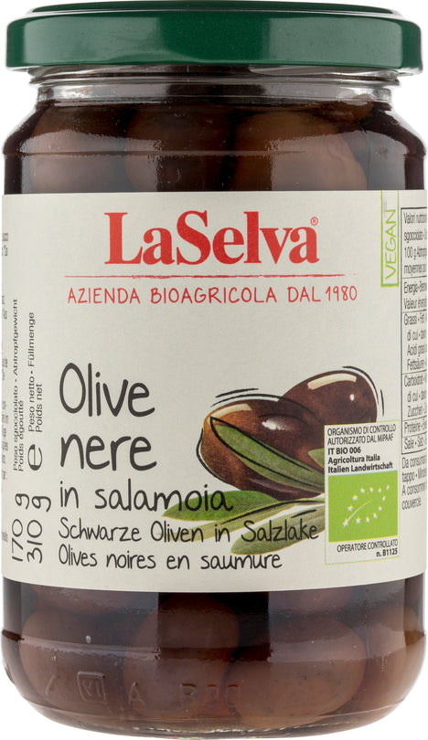Schwarze Oliven mit Stein in Salzlake